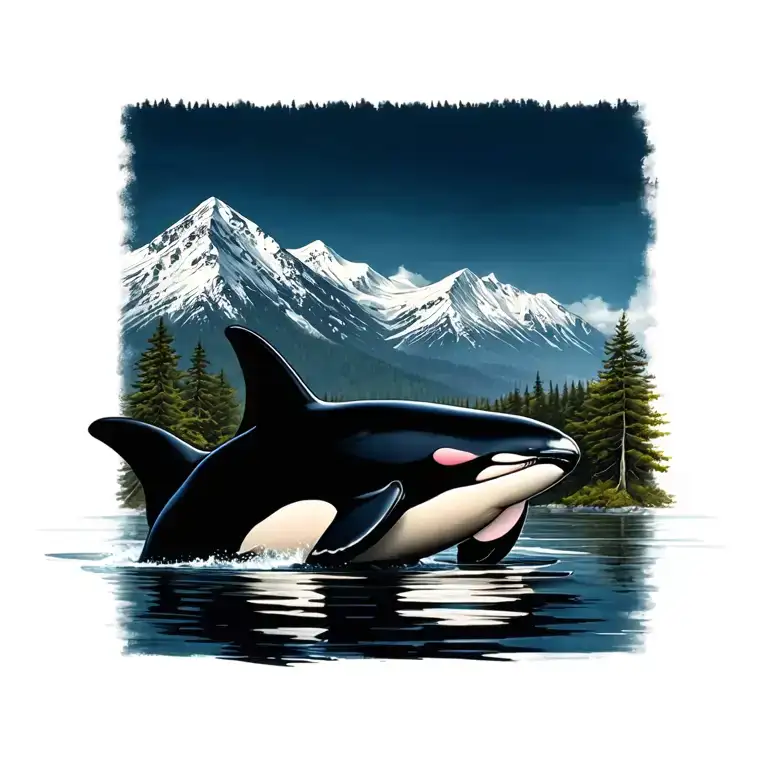 orcas with mountain in a maple leaf tattoo design idea