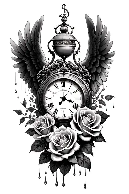 roses growing, angel wings, clock surrounded my rain tattoo design idea