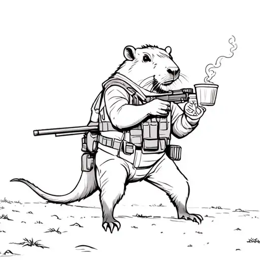 snipercapybara dressed in army clothing coming out a tank holding a drink and smoking tattoo design idea