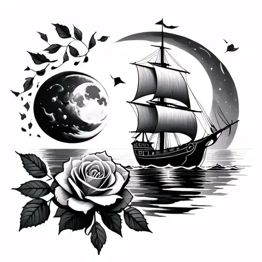 roses and tea leaves falling from the sky with a moon And a danish Viking ship sailing on the water  tattoo design idea