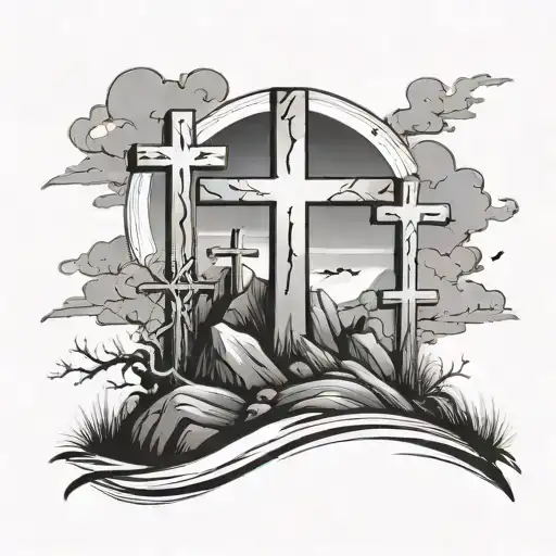 3 crosses on a hill surrounded tattoo design idea