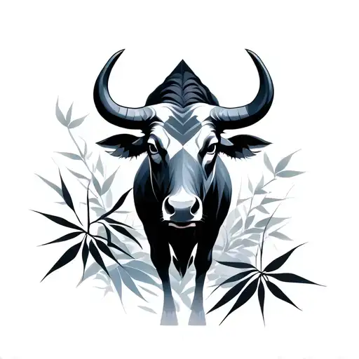 geometric fine lien with water buffalo, bamboo, and crane tattoo design idea