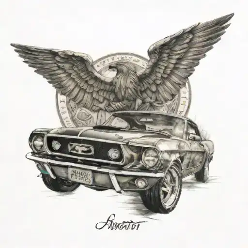 A tattoo that brings people together, a 1967 Mustang, with the following words hidden on the tattoo: liberty, equality, fraternity tattoo design idea