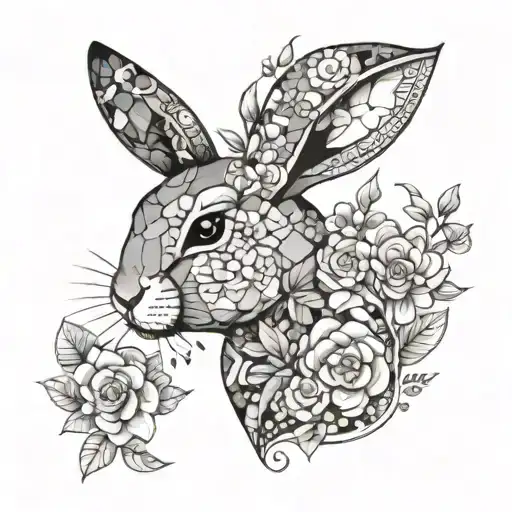 A girly themed tattoo featuring a patchwork style rabbit surrounded by feminine symbols like flowers and hearts tattoo design idea