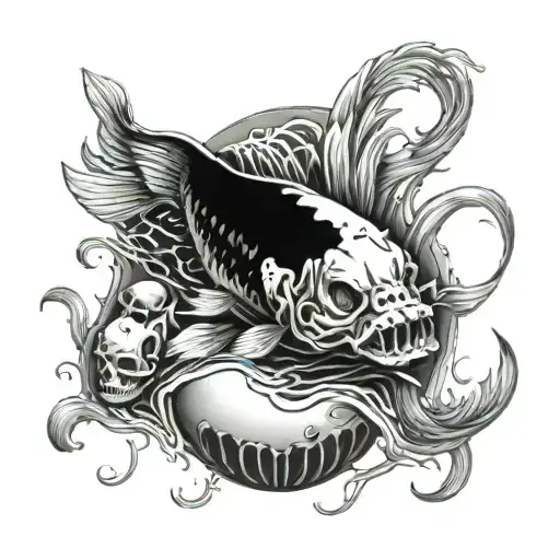 A tattoo of koi fish swimming through a skull-shaped pond in a dark and eerie style tattoo design idea