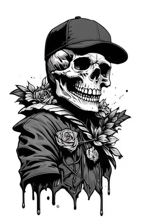 Mash, skull, flat black and white line cap tattoo design idea