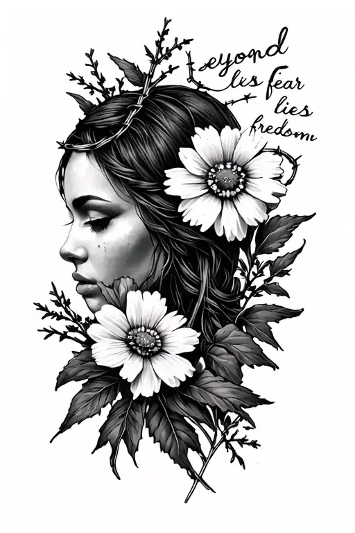 "beyond fear lies freedom" with barbed wire and wildflowers  tattoo design idea