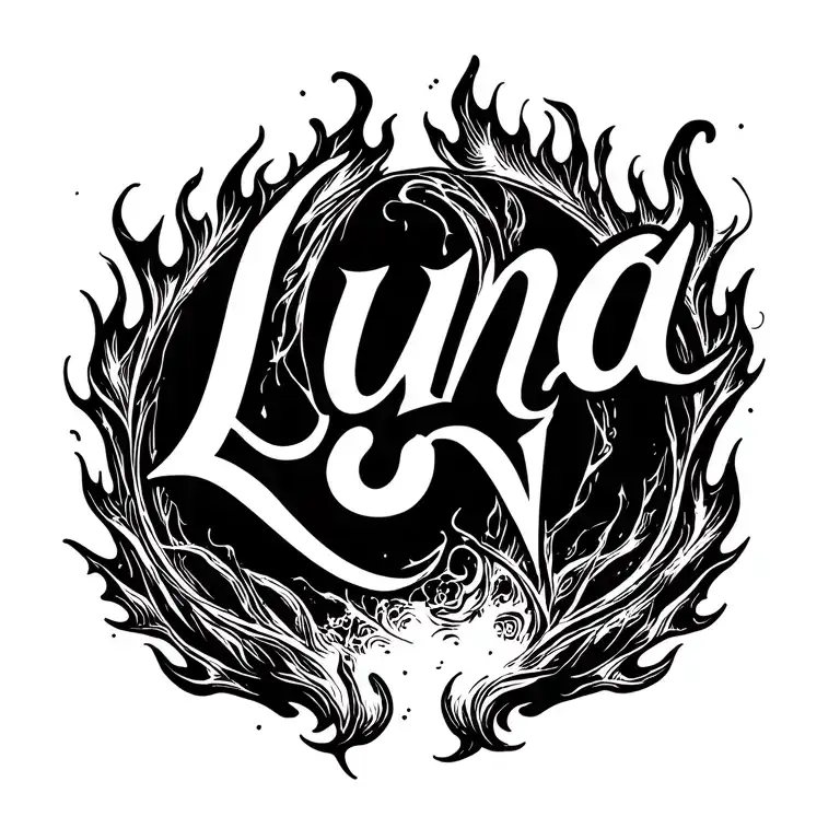 The Name Luna In Fancy Font Surrounded By Flames Around It tattoo design idea