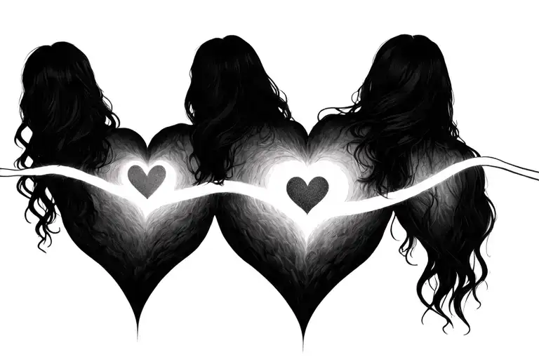 A minimalist tattoo drawing for 3 sisters, representing 3 cores intertwined on a lifeline, with a light heart tattoo design idea
