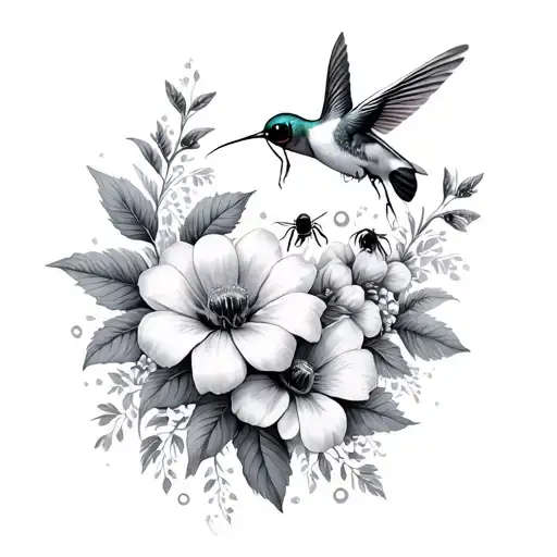 nature and flowers with bees and hummingbirds tattoo design idea
