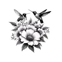 nature and flowers with bees and hummingbirds tattoo design idea