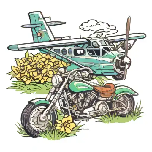 airplane, helicopter, motorcycle, camper, flowers, grass, skeletons tattoo design idea
