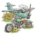 airplane, helicopter, motorcycle, camper, flowers, grass, skeletons tattoo design idea