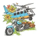 airplane, helicopter, motorcycle, camper, flowers, grass, skeletons tattoo design idea