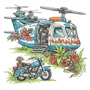 airplane, helicopter, motorcycle, camper, flowers, grass, skeletons tattoo design idea