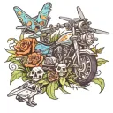 airplane, helicopter, motorcycle, camper, flowers, grass, skeletons tattoo design idea