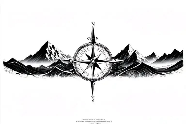 large compass with long north point surrounded by intricate geometric moutains and waves. black and white tattoo design idea