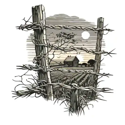farm barbed wire fence sunset sky tattoo design idea