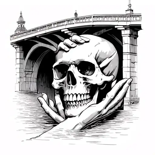 skull with hand in eyes under bridge tattoo design idea