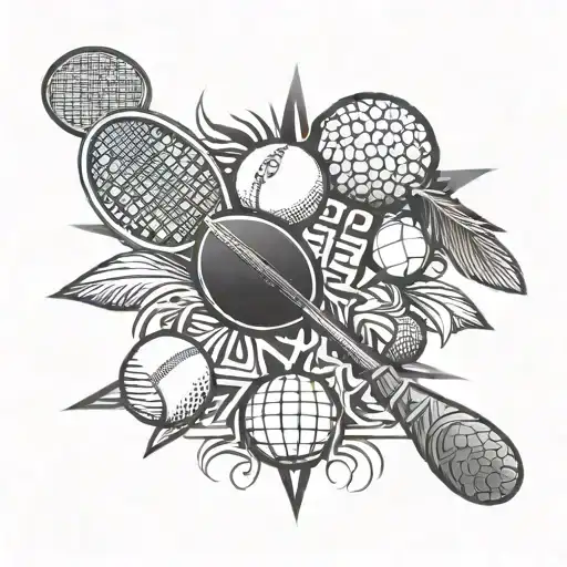 pingpong ball, badminton shuttle cock, tennis ball and pickle ball  in polynesian design tattoo design idea