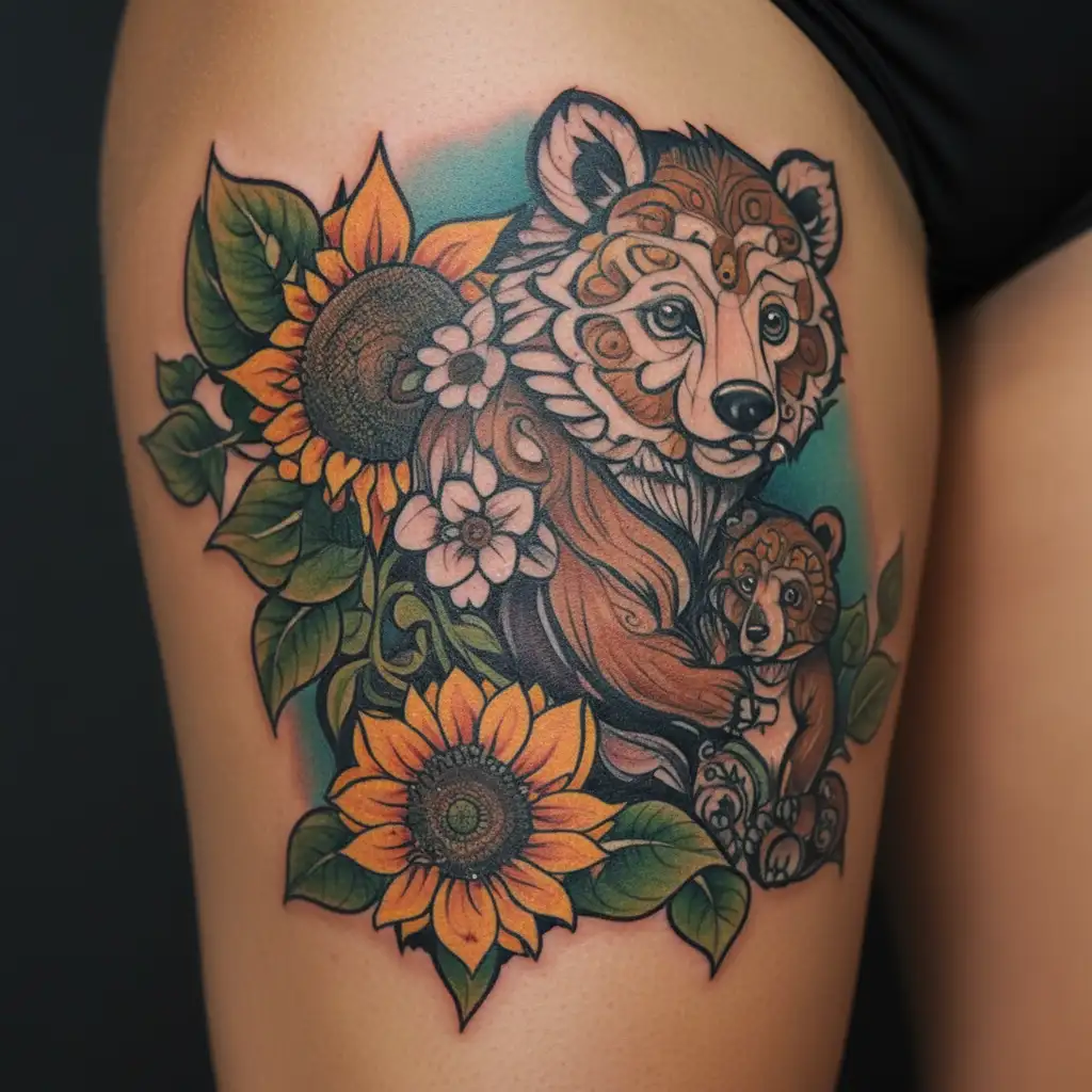 Sunflower mama bear and baby bear tattoo design idea
