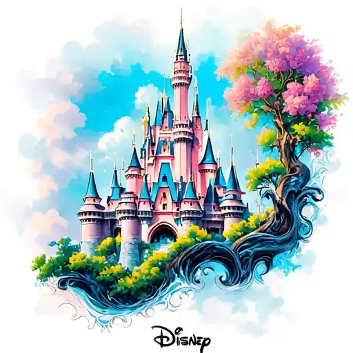 Disney castle surrounded tattoo design idea