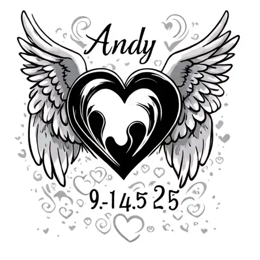 "Andy 9-14-25" heart and baby angel wings tattoo design idea
