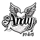 "Andy 9-14-25" heart and baby angel wings tattoo design idea