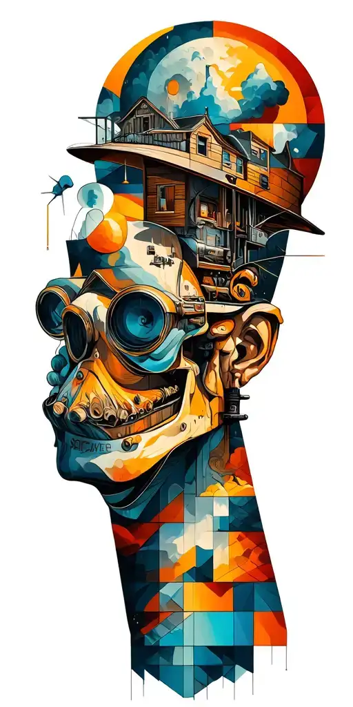 collage narrative of elements of science, woodworking, family and home,whimsy, geometric, funny scene, loss & hurt tattoo design idea