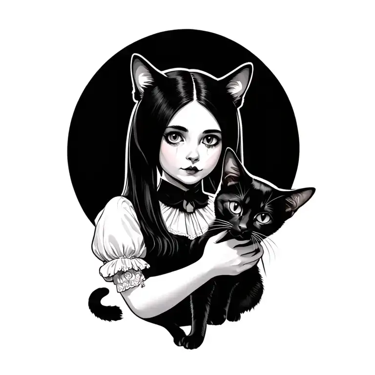 Wednesday Addams holding a black cat tattoo design idea