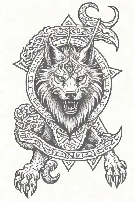 fenrir with gemini zodiac and runes tattoo design idea