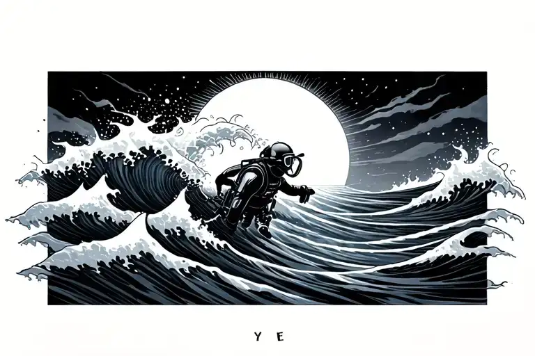 geo waves, sun, diver tattoo design idea