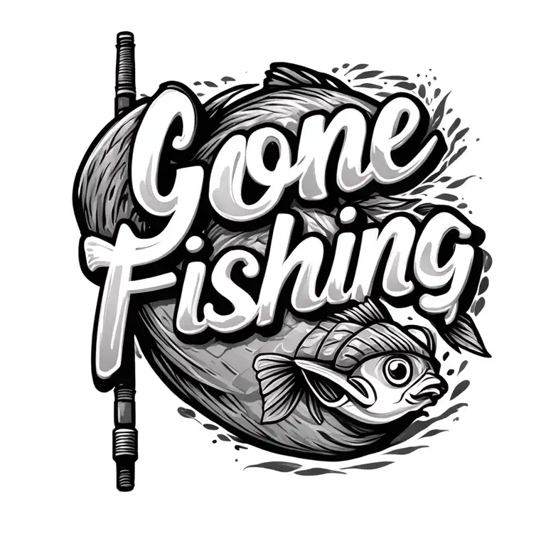 Fishing pole with the line spelling out "gone fishing" in cursive  tattoo design idea