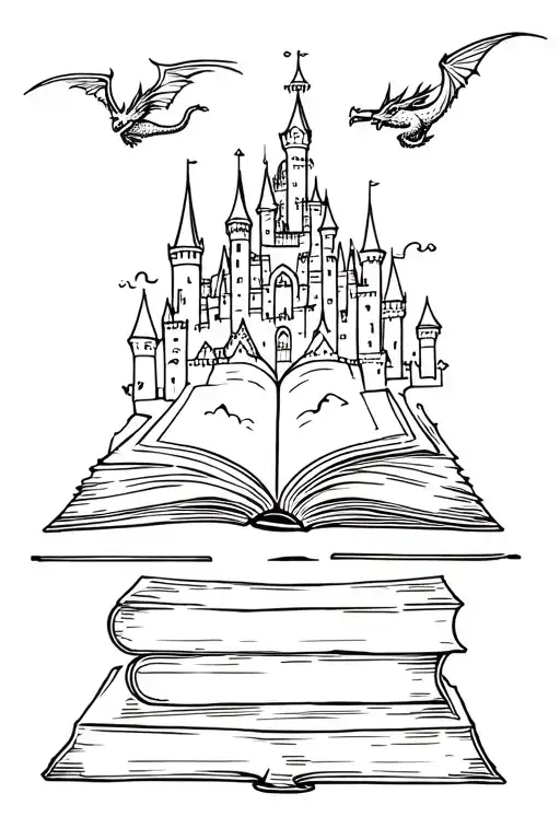 Stack of books with an open book on top, a magical castle emerging from its pages, three dragons flying above the castl tattoo design idea