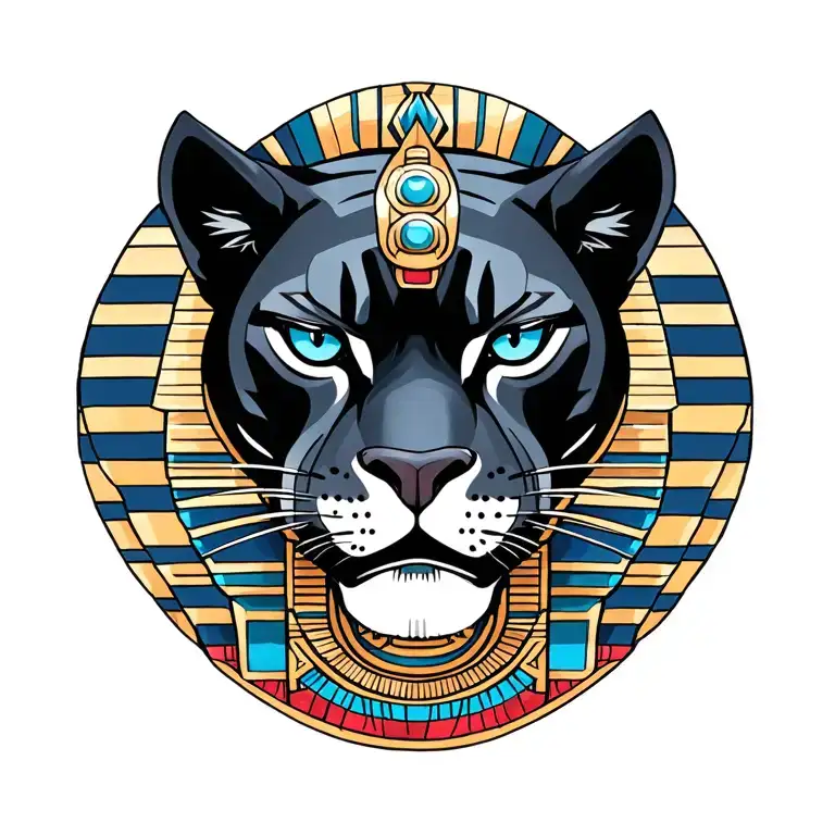 a black panther head with a background representing several elements of the Egyptian deity tattoo design idea