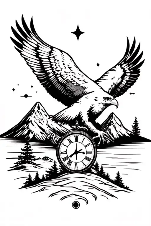 eagle with peace and sand clock and mountain landscape tattoo design idea