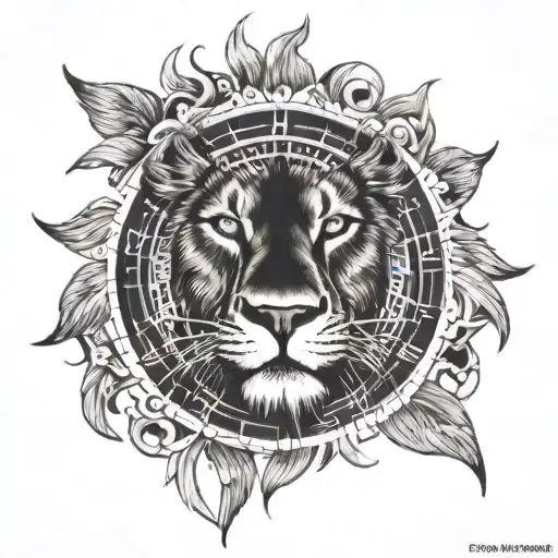 A majestic lion with a blue eye surrounded by Roman numerals representing important dates in your life, with a sun shining in the background tattoo design idea