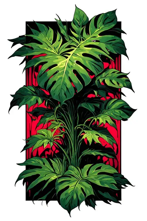 monstera plant weed leaves epic fight scene fantasy boss battle tattoo design idea