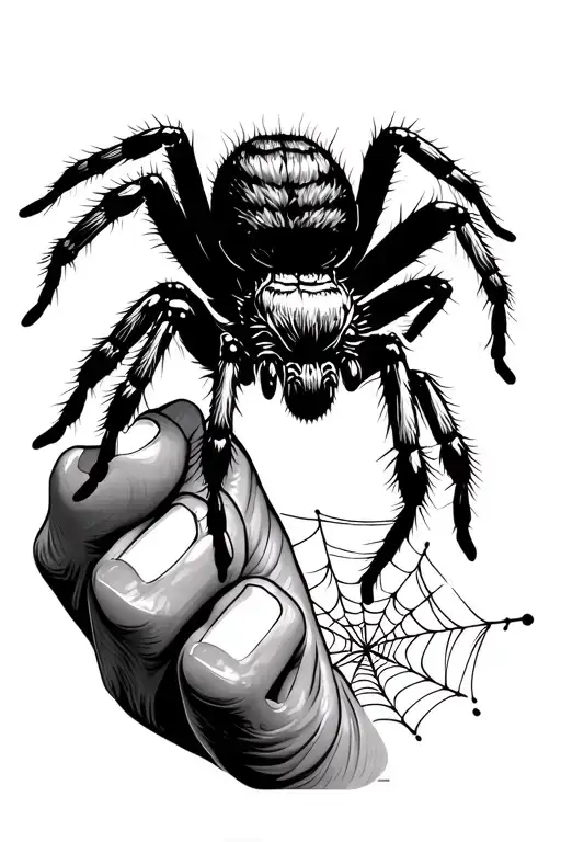 a bold jumping spider on the ring finger crawling around it with a web connecting it to a already made jumping spider we tattoo design idea
