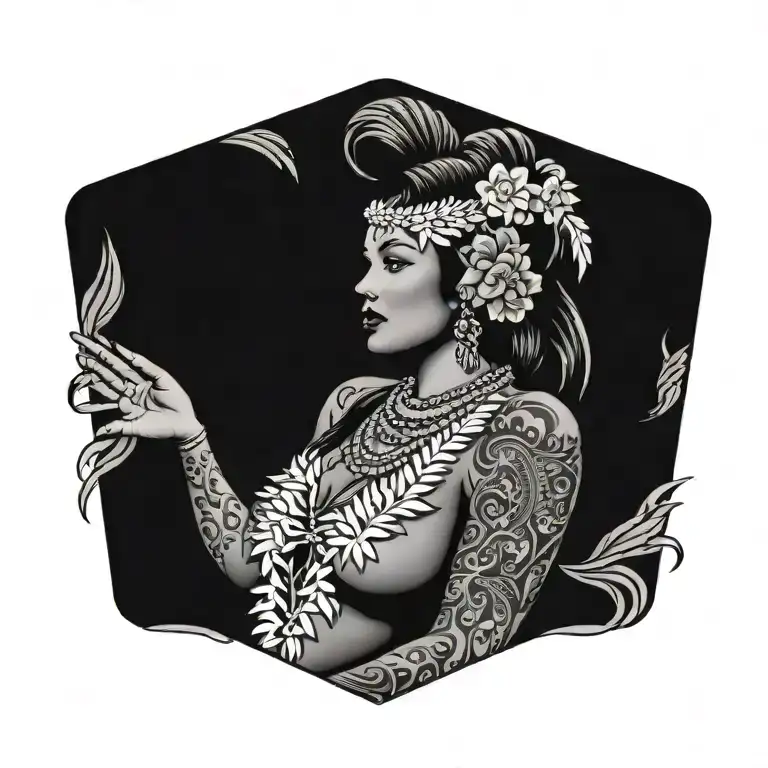hula girl standing sexually with tattoos and head dress  tattoo design idea