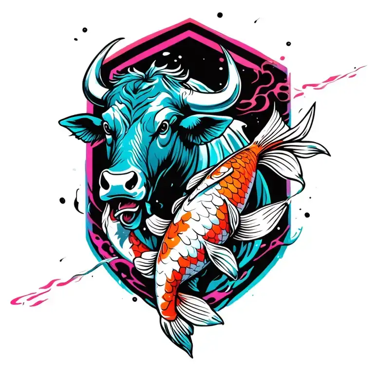 bull with jumping koi fish  tattoo design idea