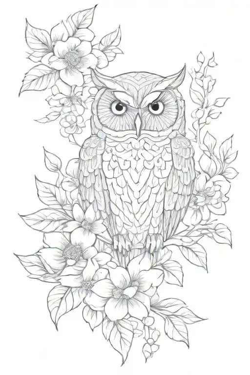 owl flowers surrounding tattoo design idea