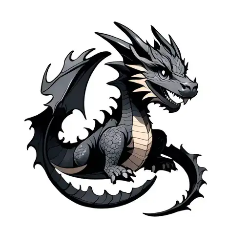 It features a small, chibi-style dragon curled in a soft spiral, giving it a cute yet mystical appearance.The dragon’s tattoo design idea
