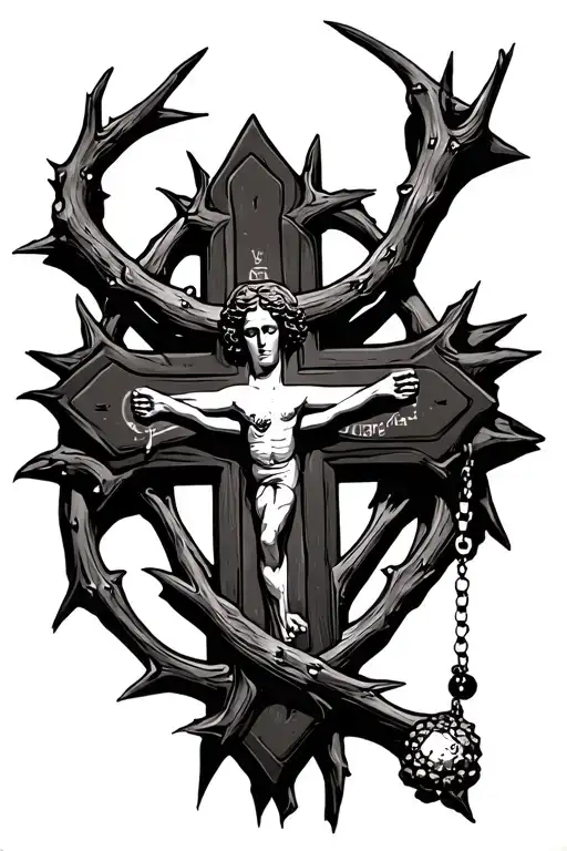 cross crucifix with rosary and thorn crown tattoo tattoo design idea