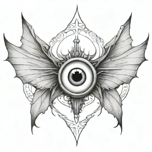 seraphim, 6 large bat wings, large demon eye in the centre, gothic tattoo design idea