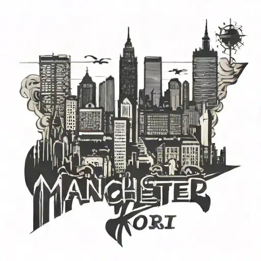 Manchester skyline silhouette with a mobile phone incorporated into the design name Kóri and andre  tattoo design idea
