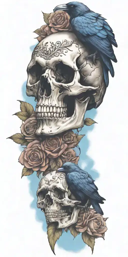 skull and roses with raven perched on top blue sky background  tattoo design idea