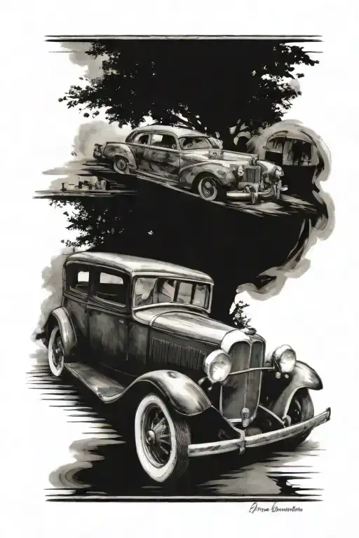 Old car in postapocaliptyc world tattoo design idea