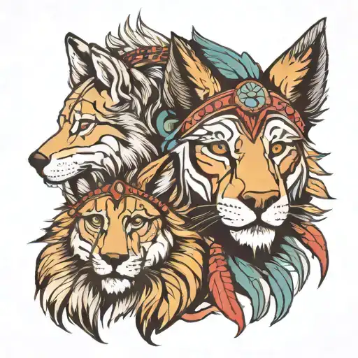 front view, left side wolf, right side lion face with mane, wearing indian cherokee head piece. colored. please. tattoo design idea