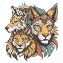 front view, left side wolf, right side lion face with mane, wearing indian cherokee head piece. colored. please. tattoo design idea
